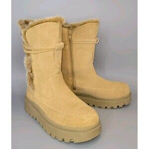 Skechers Suede Chunky Combat Boots Womens 6.5 Tan Strap Side Zip Y2K 90s Grunge